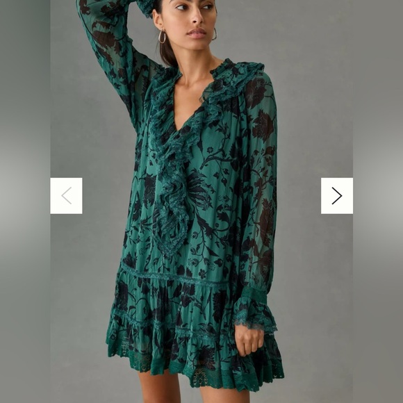 Anthropologie Green Floral Mini Dress - Picture 1 of 8